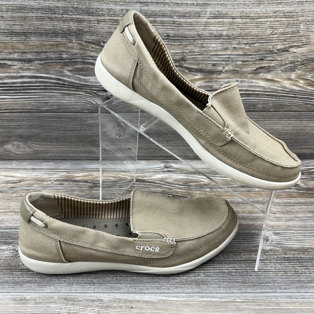 Crocs Walu Beige Canvas Comfort Slip On Loafer Flats Shoes 14391 Women Size 11